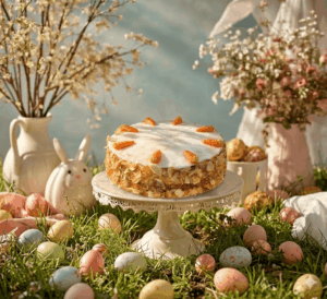 Torte des Monats: saftige Möhrentorte auf dem festlichen Hintergrund mit Oster-Eiern und Hase